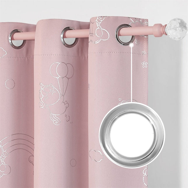Cortina infantil rosa con unicornios plateados