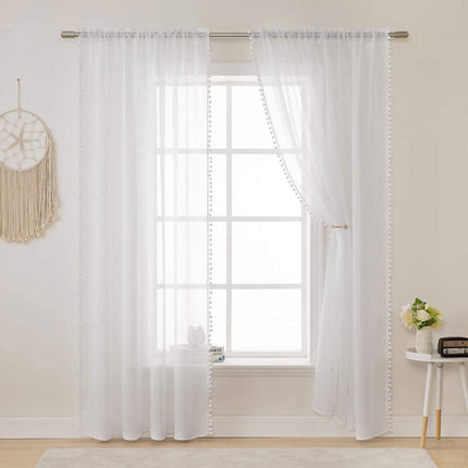 Visillo blanco liso con borde pompones
