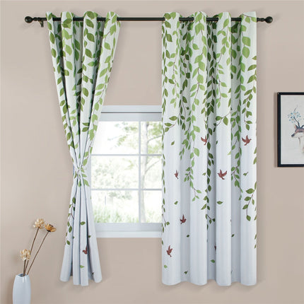 Cortina con estampado de hojas y pájaros
