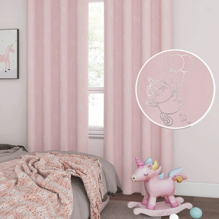 Cortina infantil rosa con unicornios plateados