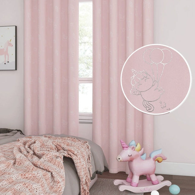 Cortina infantil rosa con unicornios plateados