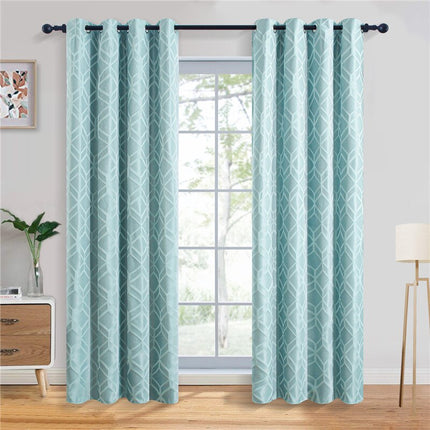 Cortina opaca azul con estampado geométrico