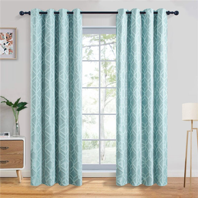 Cortina opaca azul con estampado geométrico