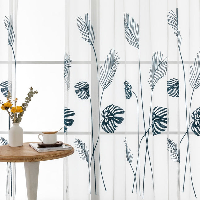 Visillo bordado con hojas de monstera