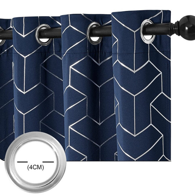 Cortina opaca azul con motivo geométrico