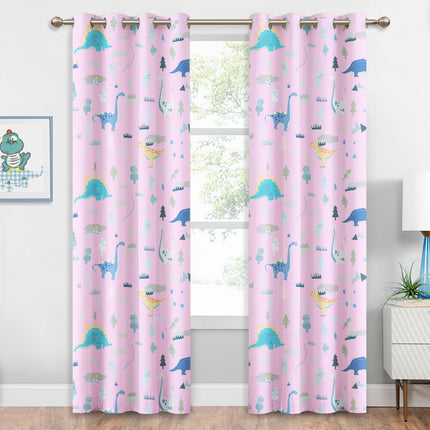 Cortina opaca infantil rosa con dinosaurios.