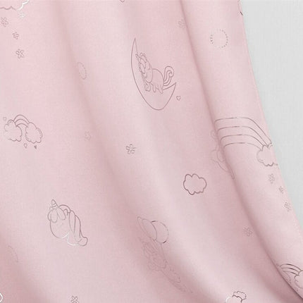 Cortina infantil rosa con unicornios plateados