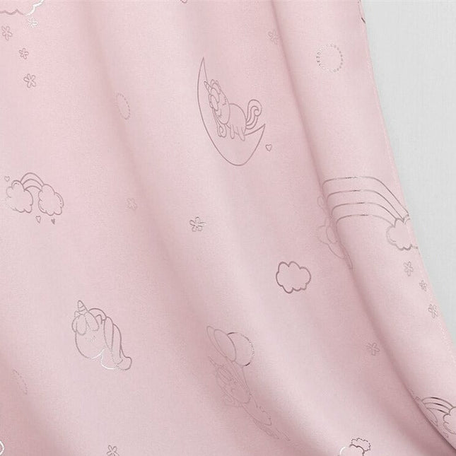 Cortina infantil rosa con unicornios plateados