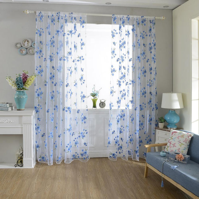 Visillo bordado con flores azules