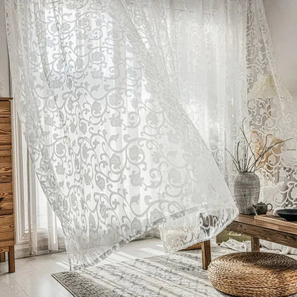 Visillo blanco con bordado damasco