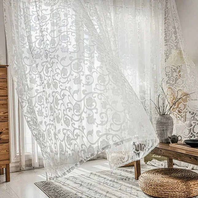 Visillo blanco con bordado damasco