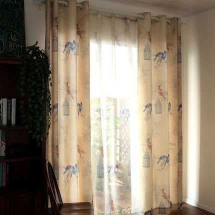 Cortina estampada pájaros y jaulas violeta