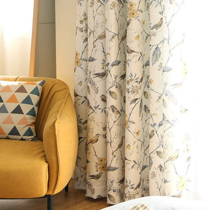 Cortina efecto lino con pájaros estampados