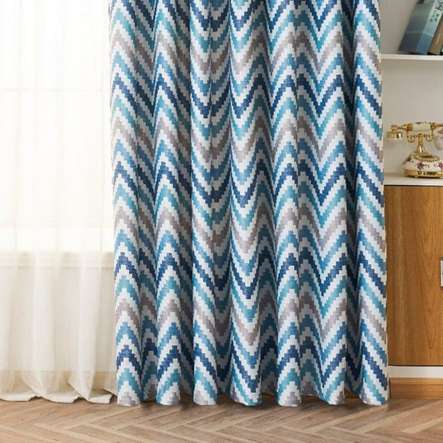 Cortina Opaca Estampado Chevron Azul