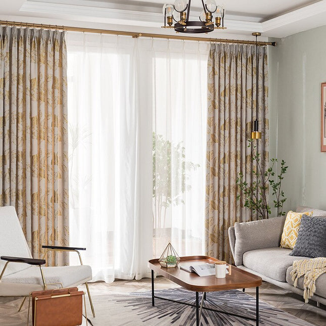 Cortina de salón con estampado hojas doradas