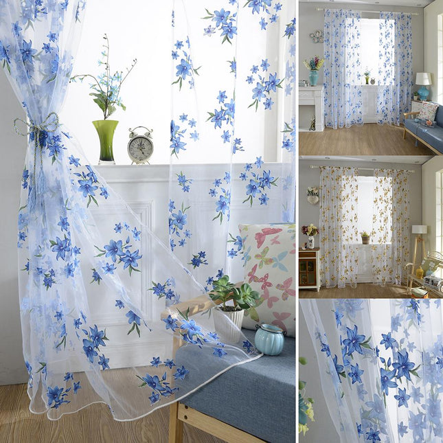 Visillo bordado con flores azules