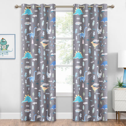Cortina opaca infantil gris con dinosaurios.