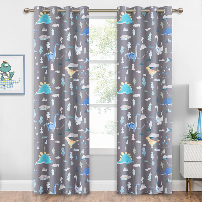 Cortina opaca infantil gris con dinosaurios.