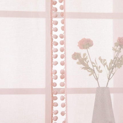Visillo blanco liso con borde pompones