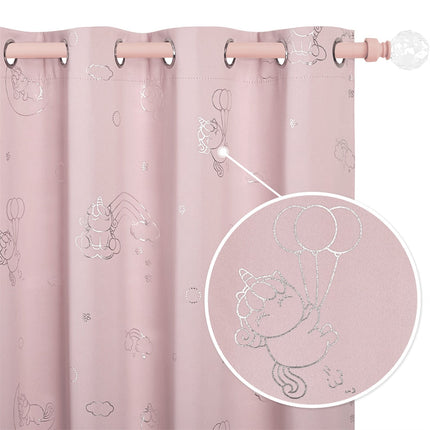 Cortina infantil rosa con unicornios plateados