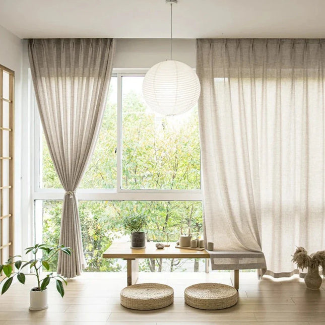 Visillo de lino beige con borde