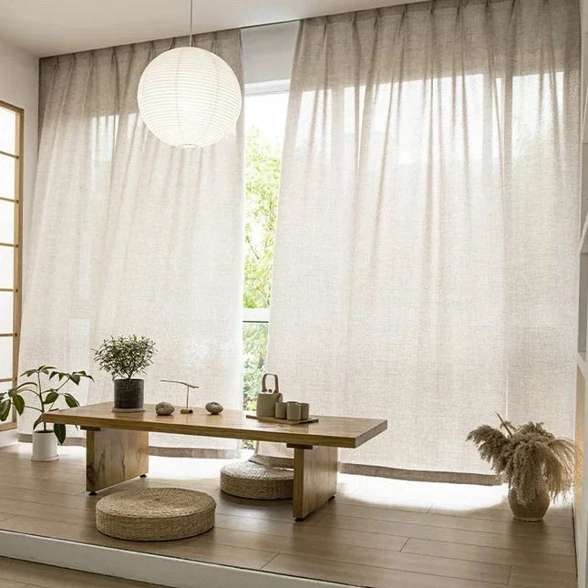 Visillo de lino beige con borde
