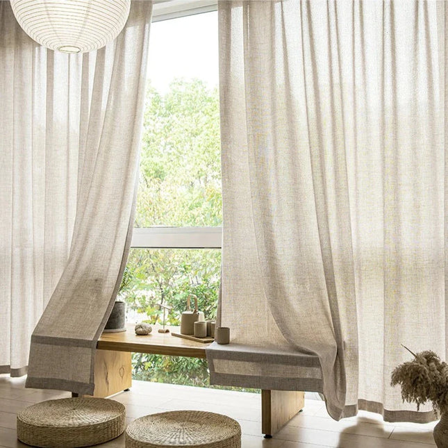 Visillo de lino beige con borde