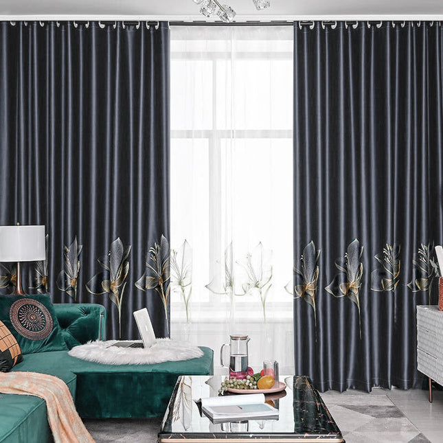 Cortina opaca gris con estampado floral