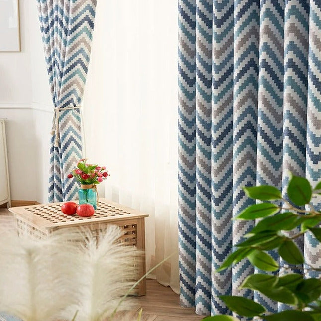 Cortina Opaca con Estampado Chevron Azul
