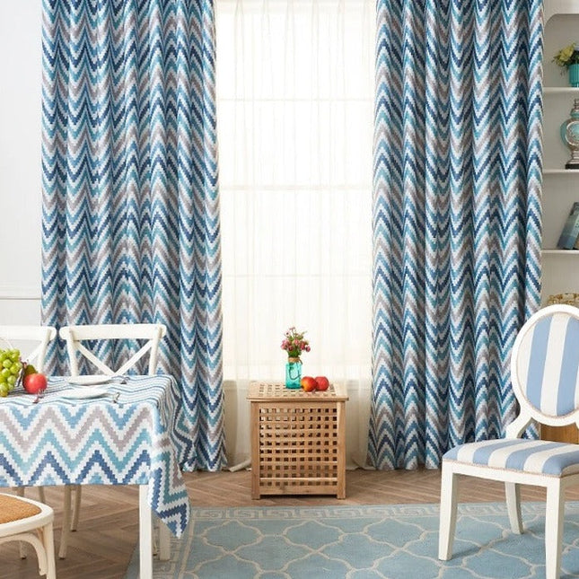 Cortina Opaca con Estampado Chevron Azul