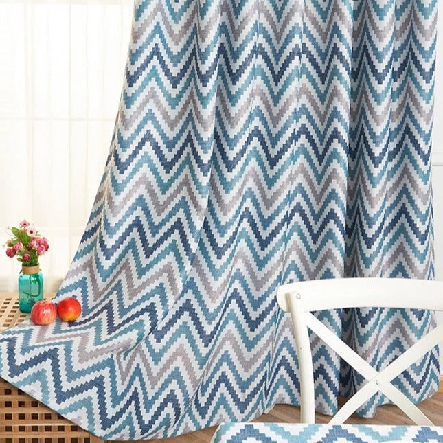 Cortina Opaca con Estampado Chevron Azul